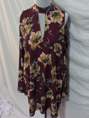 Peppermint Burgundy Floral Mini Dress with Yellow Accents